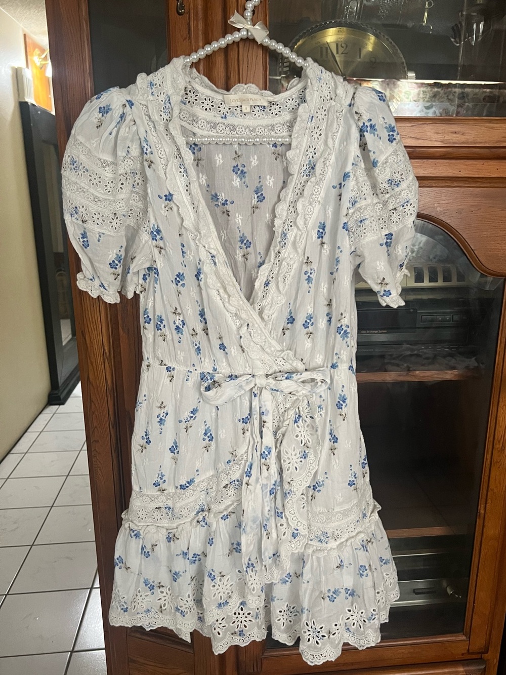 LoveShackFancy White Dress with Blue Floral Lace Trim